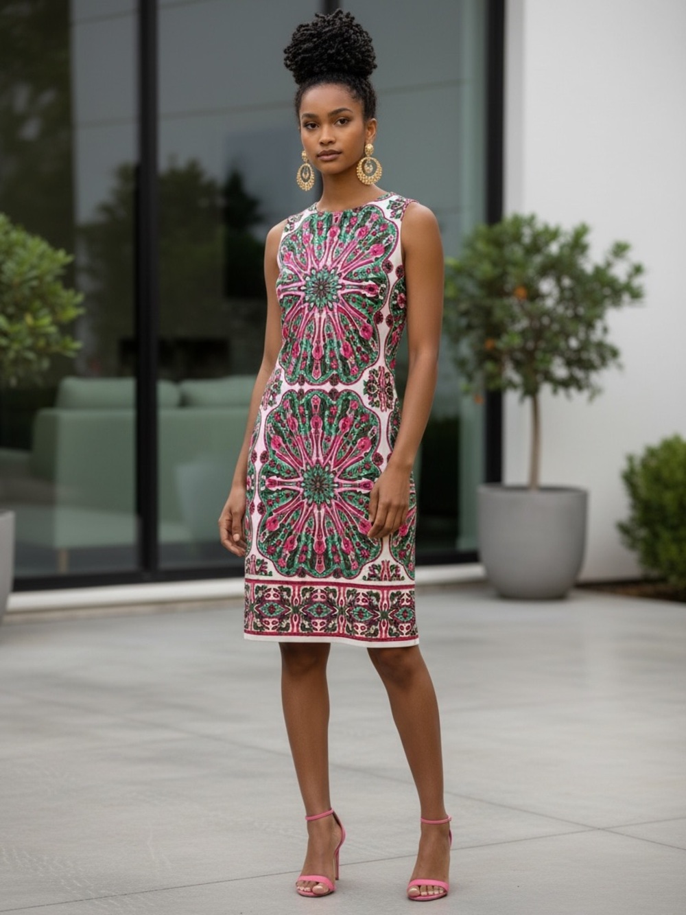 London Times Pink & Green Printed Sleeveless Midi Dress